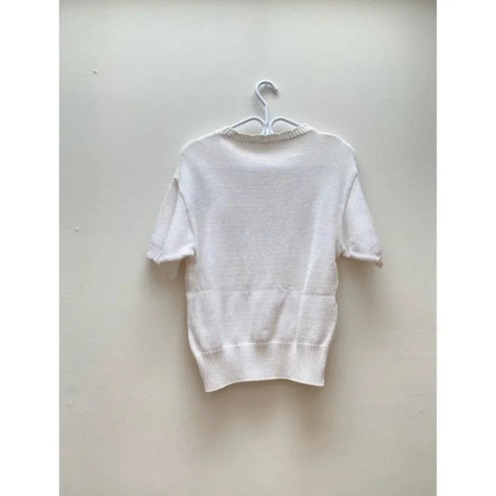 Vintage -  Cream Pastel Floral Embroidered Ramie Short Sleeve Sweater - Picture 3 of 5